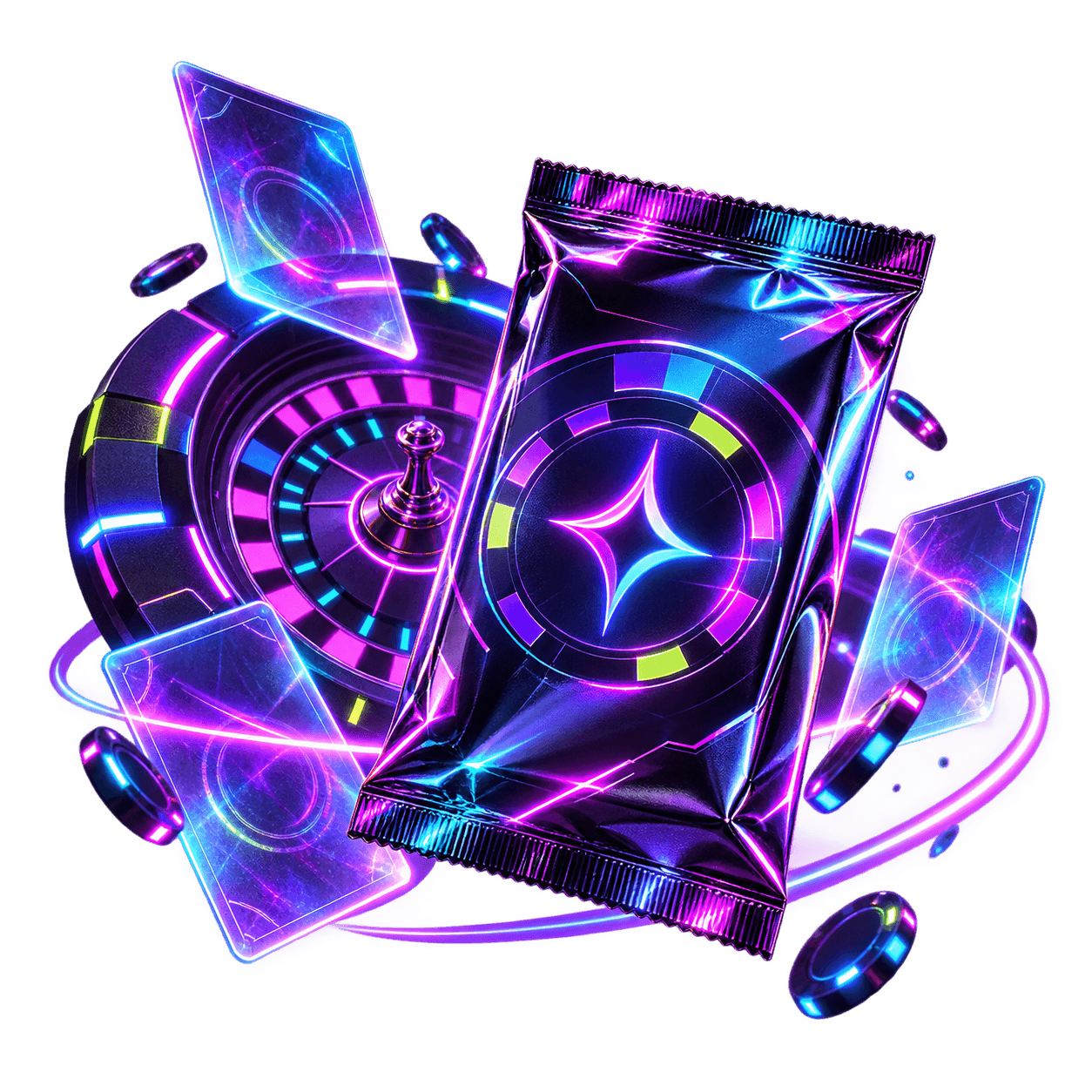 Concept art of a glowing trading card pack surrounded by cards and arcade tokens